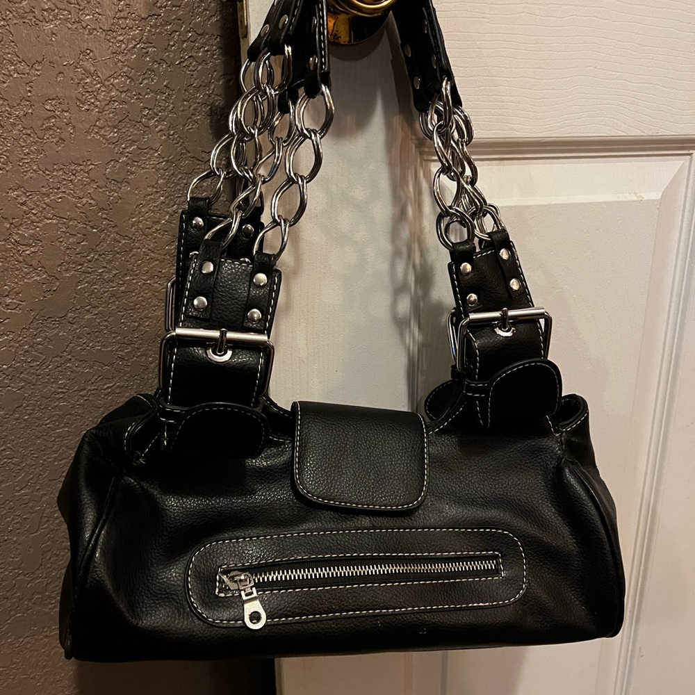 Black faux leather and chain handled purse